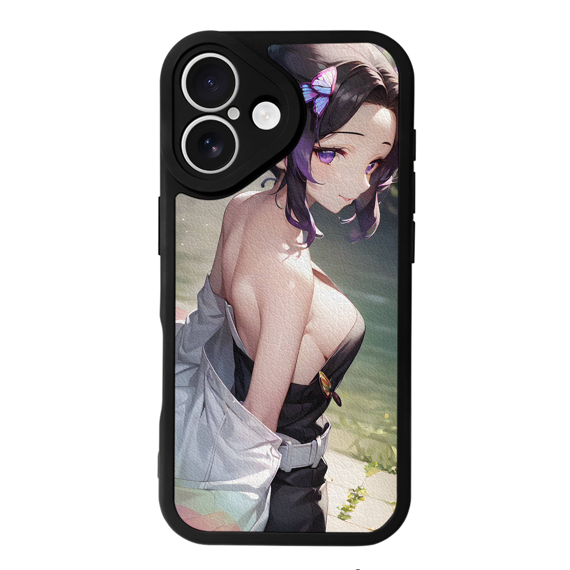 （画像用） 鬼滅の刃（きめつのやいば）蟲柱-胡蝶 しのぶ／こちょう しのぶ Kochou Shinobu 【iPhone 16シリーズ対応】シリコンスマホケース（レザー調） 材質：シリコン